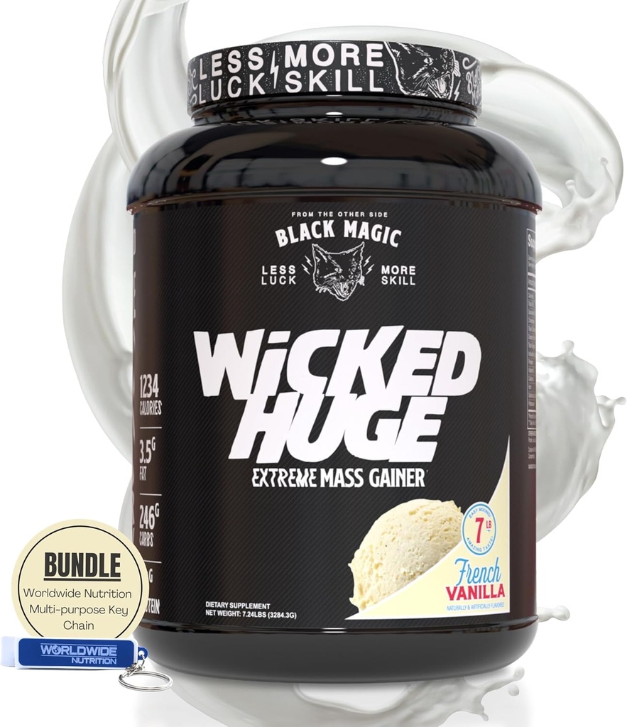 Celosvětová Nutriční pouzdro kompatibilní s Black Magic Wicked Obrovský - Mass Gainer Francouzská vanilka Flavor pro podporu a obnovu svalů, 7.24 LBS Protein Powder Dodatek s Keychain