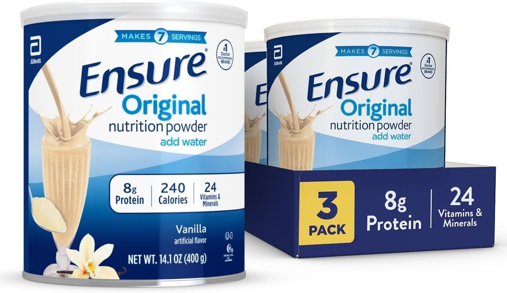Zajistěte Original Vanilla Nutrition Powder 124; Vanilla Protein Powder 124; Small Meal Replacement Shake Mix 124; 8g Protein, 24 Vitamíny & Minerály 124; Imunní zdraví 124; 14.1 oz - 3 balení