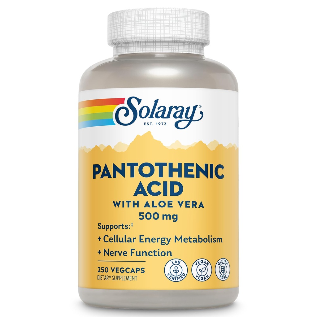 SOLARAY Pantotenová kyselina 500mg - Doplněk pantotenové kyseliny (vitamin B5) - Esenciální B komplex vitamin - Nervový systém a buněčná energetická podpora - Vegan, gluten zdarma, 60denní Guaratee, 250 Služeb