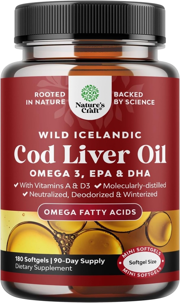 Islandské Cod Equipment Oil Softgels - Wild Caught EPA DHA Omega 3 Fish Oil 1000mg na porci - Supplementary Sourced Burless Fish Oil Supplementary with Vitamin D3 & A for Heart Joint Brain & Imunitary Support