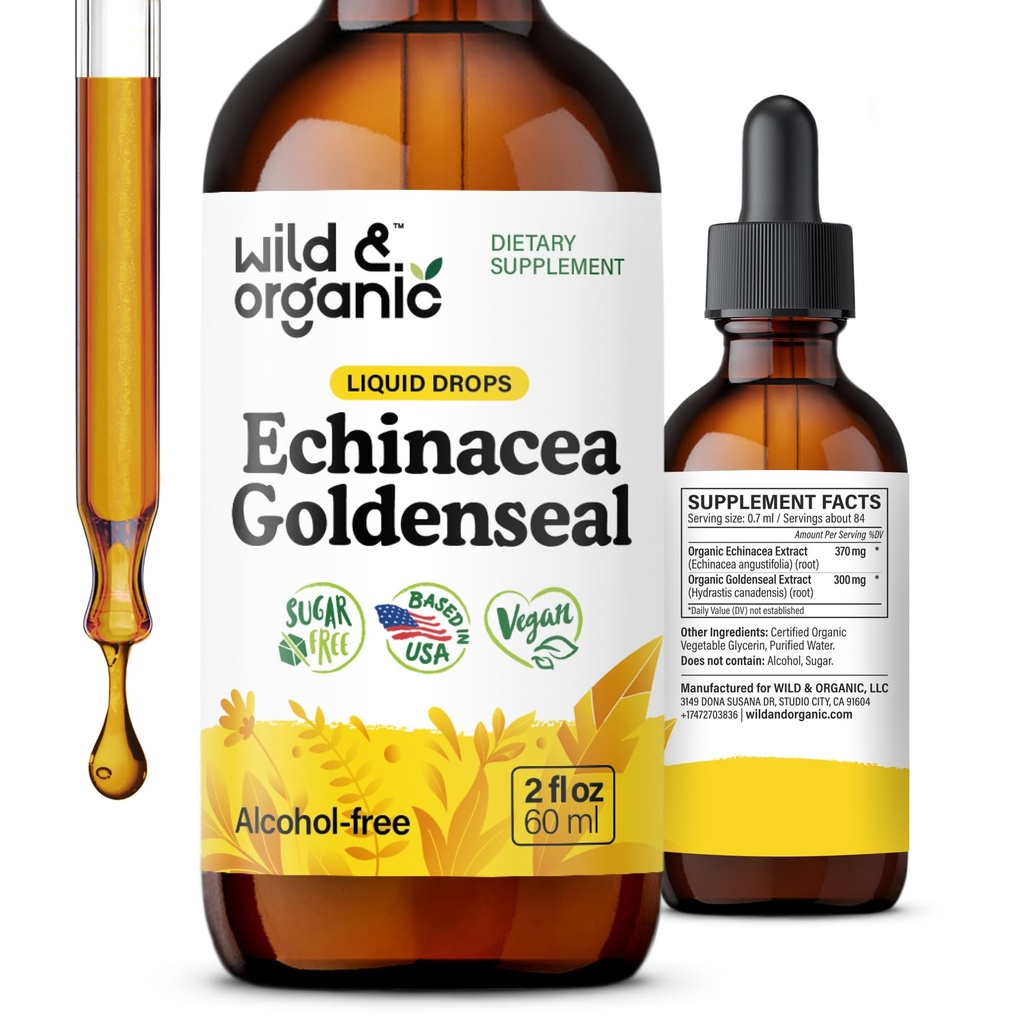 Wild & Organic Echinacea Goldenseal Liquid Drops - Immunní Supplement w / Goldenseal Echinacea Root Extract - Vegan, cukr & Alcohol- Free Tincture - 2 fl oz