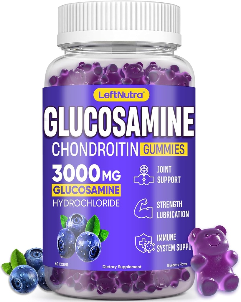 Glucosamine Chondroitin Gummies 3000mg, Advanced Glucosamine Chondroitin Msm, Joint Supplement, Antioxidant Immunicant Support, Bone and Joint Flexibility, Soilthand Mobility, Blueberry Flavor