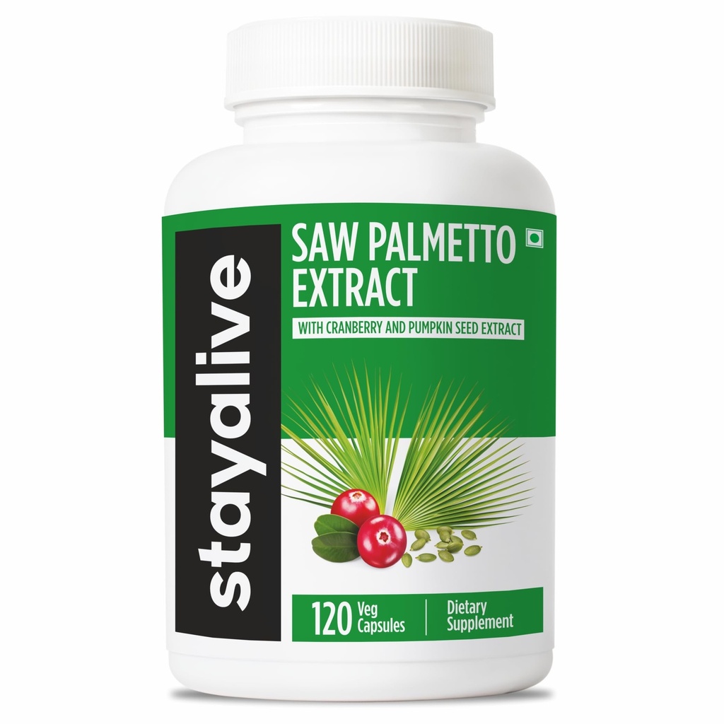 STAY ALIVE Saw Palmetto Extract Kapsle w / Cranberry & Dýňový olej, 120 Vegan pilulky pro vlasy, U.T & Prostate, Pure Saw Palmetto pro muže a ženy, Non- GMO, Gluten zdarma dýňová semena dodatek