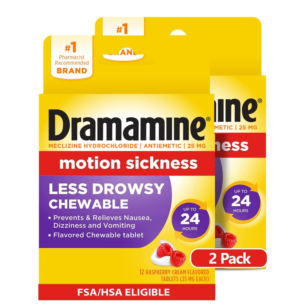 Dramamin Žvýkačka méně utopený, Motion Nemoc Relief, Malina Cream Flavor, 12 Počet, 2 Pack