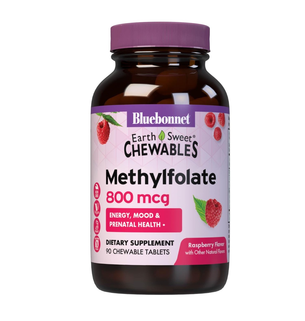 Bluebonnet EarthSweet Methylfolate 800 mcg Cellular Active Coenzym 5-MTHF L Methyl Folate Supplementary - Prenatal & Energy Support * - Non- GMO, Vegan, gluten- Free - Raspberry - 90 Žvýkací tablety