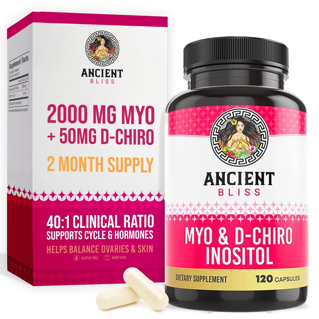 Ancient Bliss Myo & D-Chiro Inositol dodatek, 40 až 1 Poměr, Pomáhá v ovariální funkce podpora žen, Vitamin B8 pomáhá regulovat menstruační cyklus, 2050mg na servírování, 120 Vegan Kapsle
