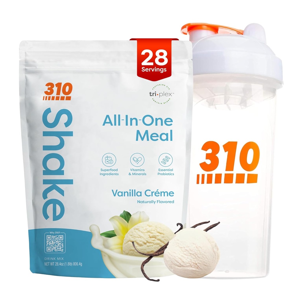 310 Nutrition All- in- One Meal Replacement Shake Powder w / Shaker Cup Starter Kit - High Protein Fiber Rich Vegan Superfood Blend - Sugar- Free, Keto & Paleo Friendly, Low Carb - Vanilla Creme 28 srv