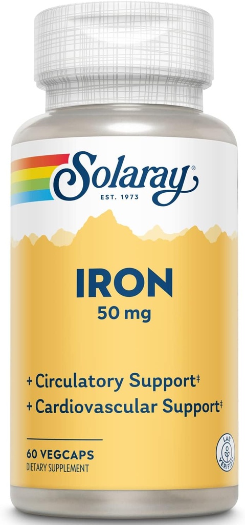 Solaray Iron 50 mg Iron 124; Zdravý oběh, kardiovaskulární funkce a červené krvinky