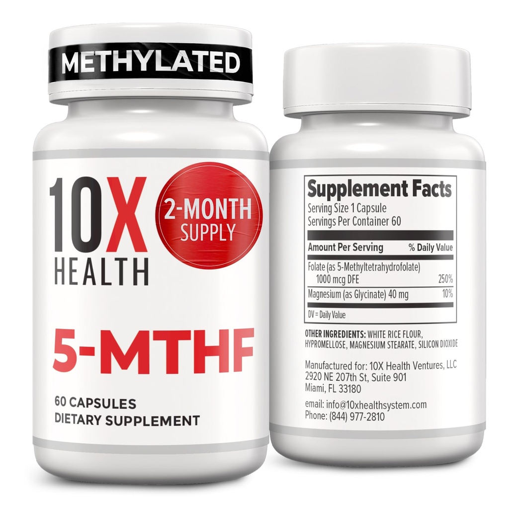 10X Zdraví 5-MTHF Methylfolát - Methylovaný folát a hořčík pro mozek, srdeční zdraví, DNA a neurotransmiter Syntéza - Biologicky dostupný Methylfolát doplněk - Methylfolát dodatek 60 Kapsle