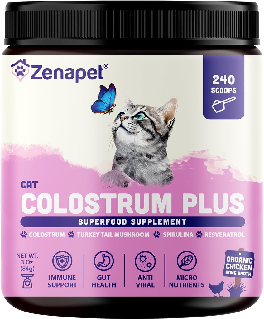 ZENAPET Cat Colostrum Plus Premium Powder Topper, Imunitní a stravitelný doplněk zdraví, 240 Servings (8- Month Supply), Podporuje pleť & Coat, Made in USA