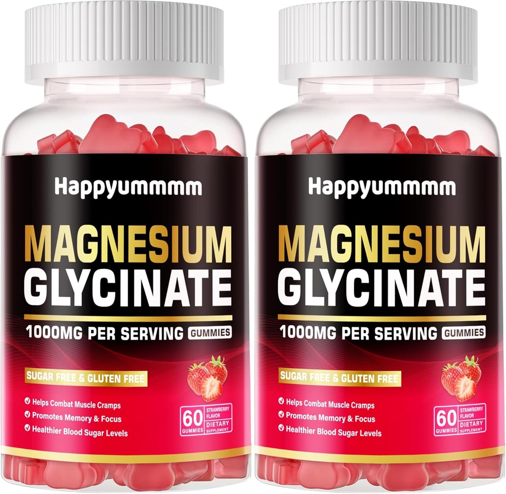 Glycinát hořečnatý Glycinát Gummies 1000mg - Bezcukerný hořčík dodatek draselný s vitaminem D, B6, CoQ10 pro klidnou náladu a podporu spánku - 120 Jahodové gumy
