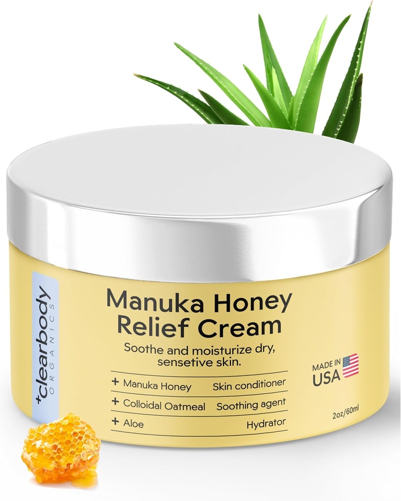 Clearbody Organics Manuka Honey Cream - 2 fl oz, balení po 1 - Soothing Eczema Cream - Hluboká hydratace s koloidní ovesnou kaší - Instant Manuka Relief pro suché, ltchy kůže