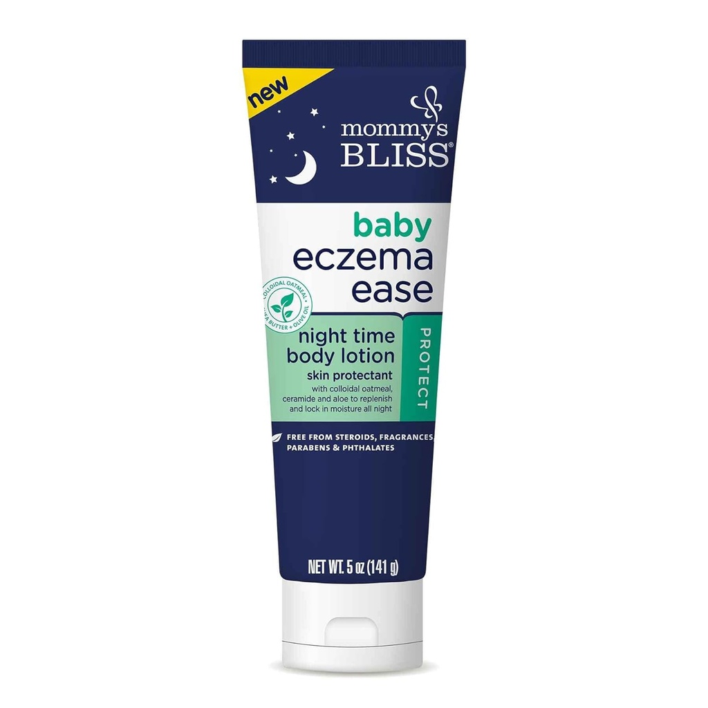 Mamina je Bliss Eczema Ease Night Moisturizer w / Koloidní ovesná kaše, Shea máslo & olivový olej, zmírňuje podráždění kůže a svědění v důsledku Eczema, Ceramide & Aloe, bez steroidů a ftalátů, 5 oz
