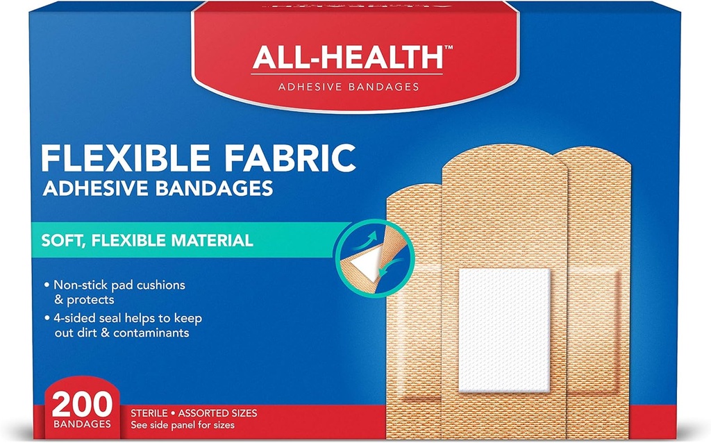 All Health Adhesive Fabric Bandages, 200 Count Asdied Sizes PHAR124; Soft, Flexible Material PHAR124; Protection for First Aid and Wound Care