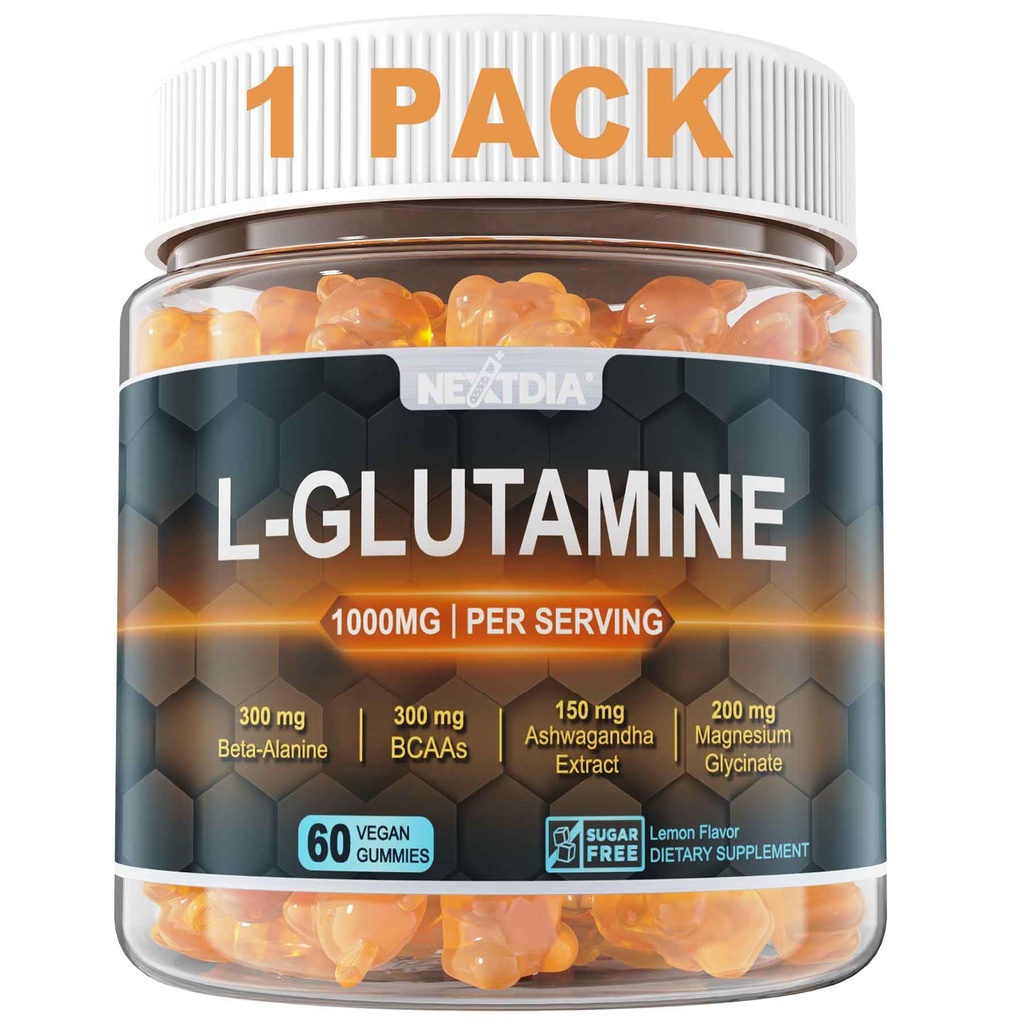 L- glutamin 1000mg Gummie pro ženy a muže 124; s Beta- Alanin, BCAA, Glycinát hořečnatý, Draslík & Ashwagandha I124; Vegan 124; Sugar- Free & Extra- Chewy I124; 60 Counts