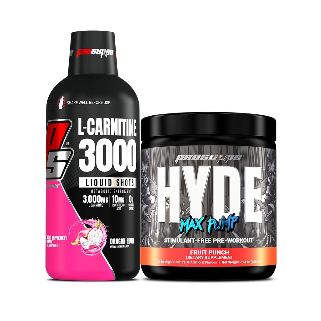 PROSUPPS L- karnitin 3000 stimulant zdarma tekuté střely (Dragon Fruit) a Hyde Max Pump Pre Workout pro muže a ženy (ovocný punč) Bundle