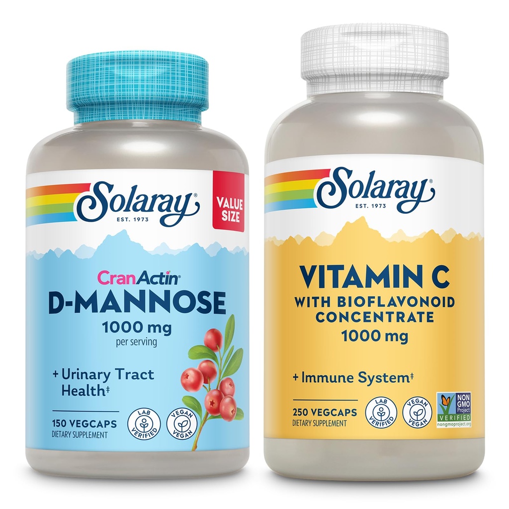 SOLARAY D-Mannose 1000mg with CranActin Cranberry Extract (150ct) and Vitamin C 1000mg with Bioflavonoids (250ct) - Urinary Tract, Bladder Health and Immune Support Bundle - Vegan, 60 Day Guarantee