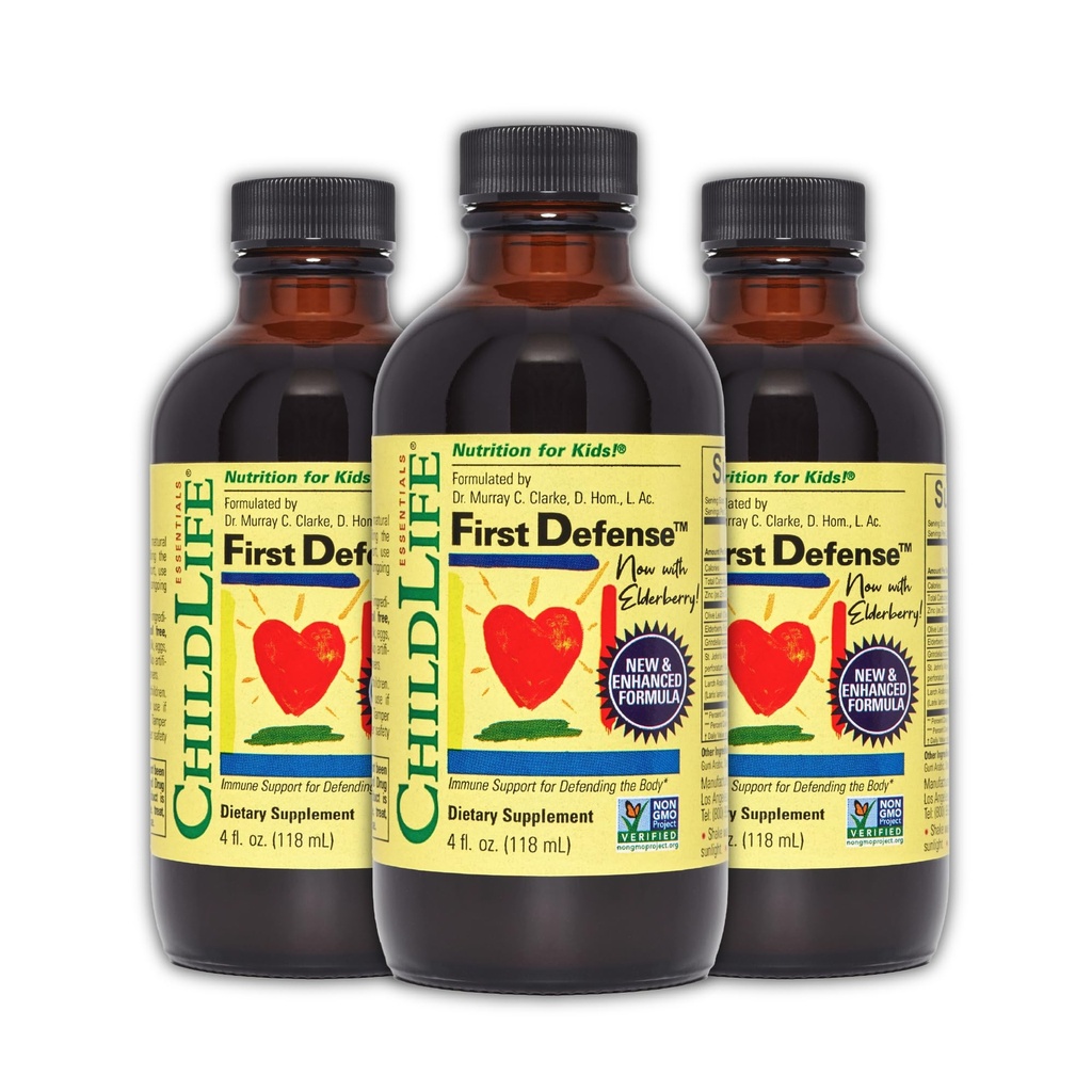 Dětský život ESSENTIALS První obrana - Děti Imunitní podpora, Imunitní podpora pro děti, Toddlers 1-3, Děti 6 měsíců +, vitamin Sirup s Elderberry, Zinek, Non GMO, Gluten Free - 4 Fl Oz (balení po 3)