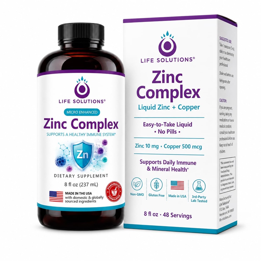 Life Solutions Zinkový komplex - Zinkový glukonát a měděný glukonát pro optimální imunitní podporu a zdraví - Vysoká absorpční vzorec - tekutý 8o