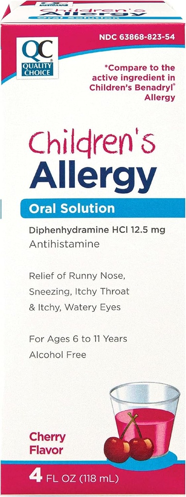 Kvalita Volba Dětské alergie Medicine, Non- Drowsy tekuté antihistaminikum řešení. Alkohol Free Cherry Flavor Active Diphenhydramine for Cough, Runny Nose, Svědění očí & Throat Relief 4 oz