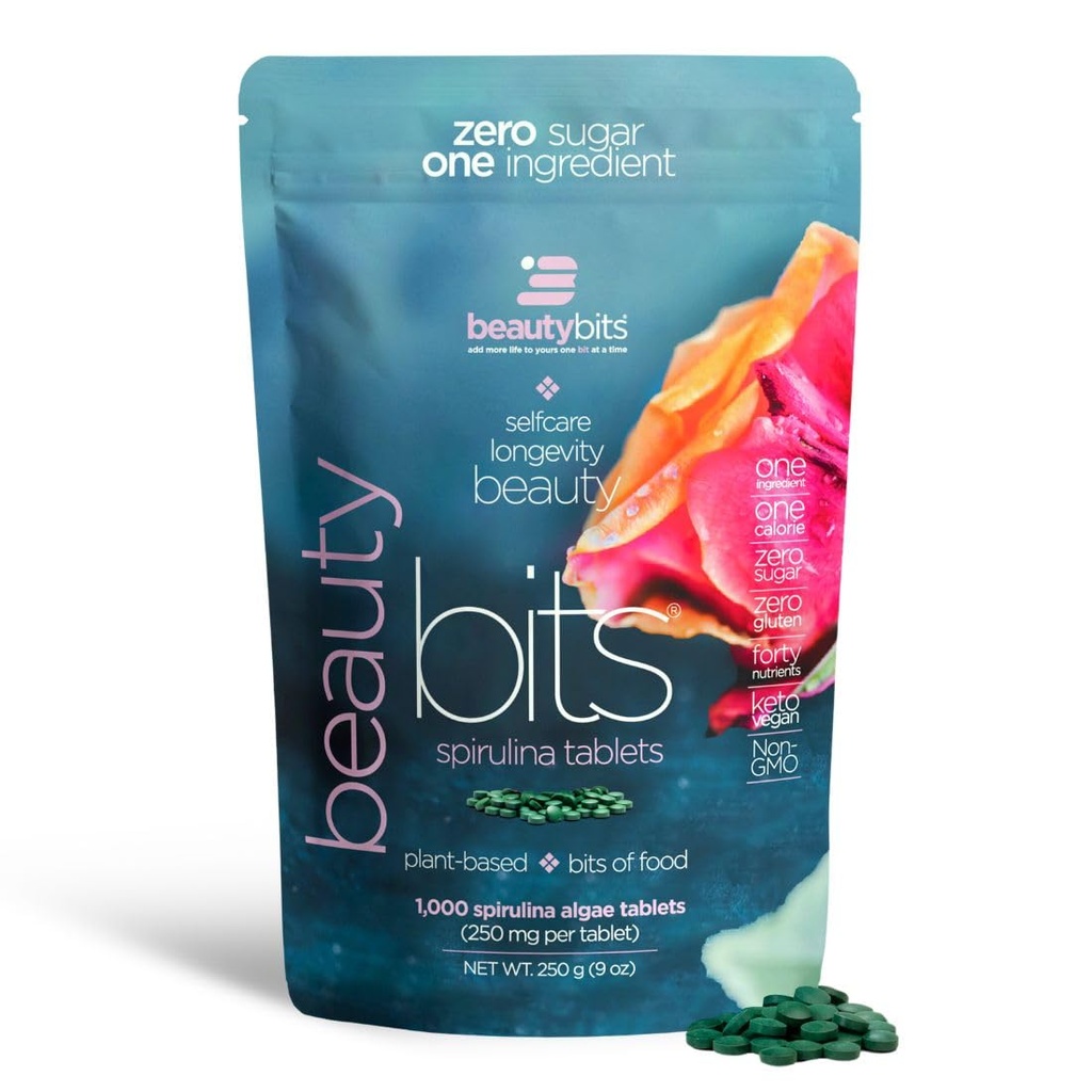 BEAUTYbits - Organic Spirulina Tablety - Řasy Superfood - Kolagen, protein, chlorofyl - Vlasy, hřebíky, & Péče o pleť - Vegan, Keto, Gluten Free - Self Care - Skin Care Beauty Gifts - 1000 Tablet Bag