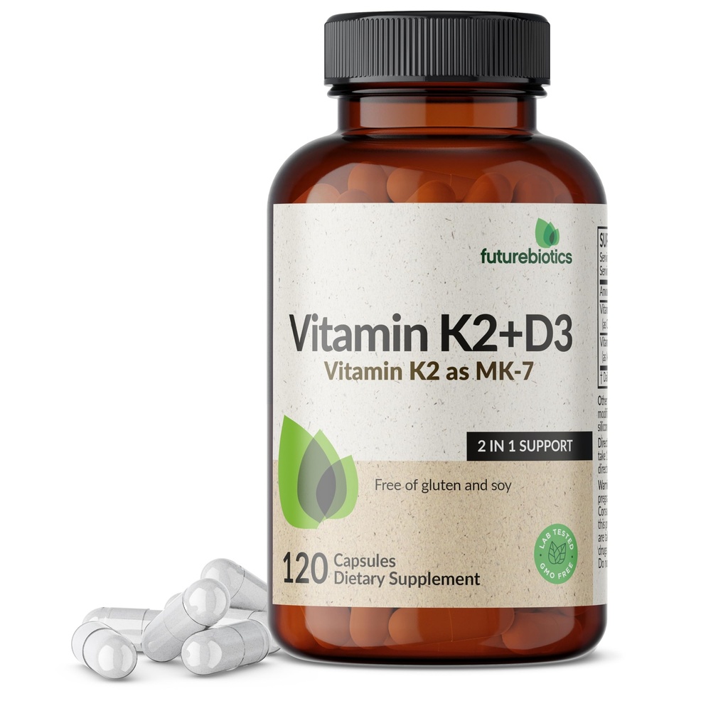 Futurebiotika Vitamin K2 (MK7) s doplňkem D3 - Non- GMO Formule - 5000 IU Vitamin D3 & 90 mcg Vitamin K2 MK-7, 120 Vegetariánské kapsle