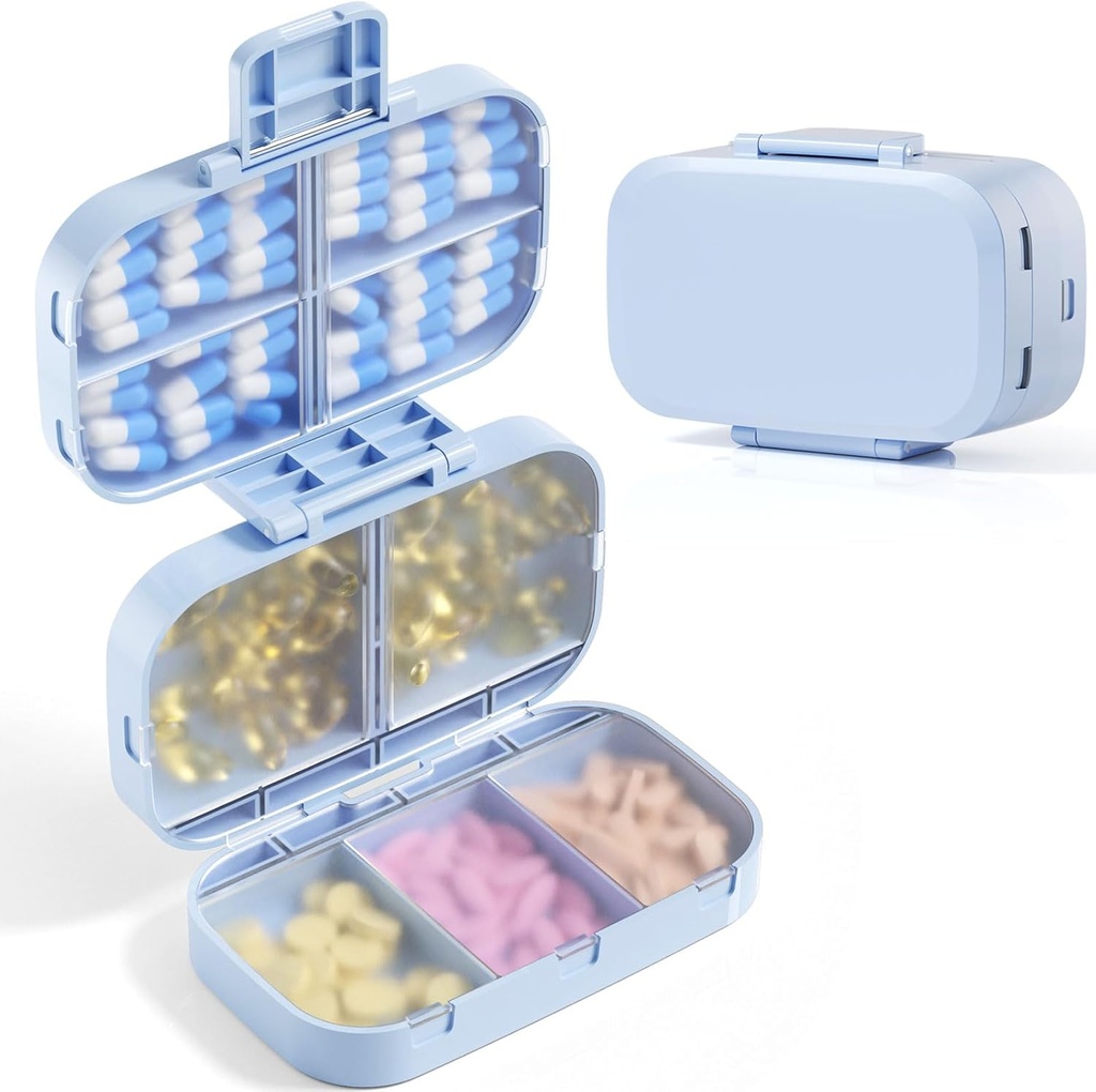 MEACOLIA Triple Skládací Pořadatel pilulek, 9 Compartments Travel Pill Pouzdro s velkou kapacitou, Denní Pill Box Malé Pill Kontejner pro vitamín, Cod Játra Oil, Doplňky (Blue)