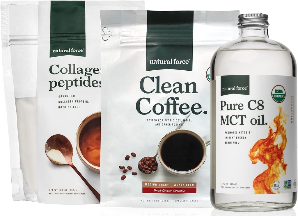 Natural Force Organic Clean Coffee, Collagen Peptides, a Pure C8 MCT Oil Bundle - Toxin Free Coffee, Grass Fed Collagen, & MCTs - Non- GMO, Keto, & Paleo - 12 Oz, 11.7 Oz, 32 Oz