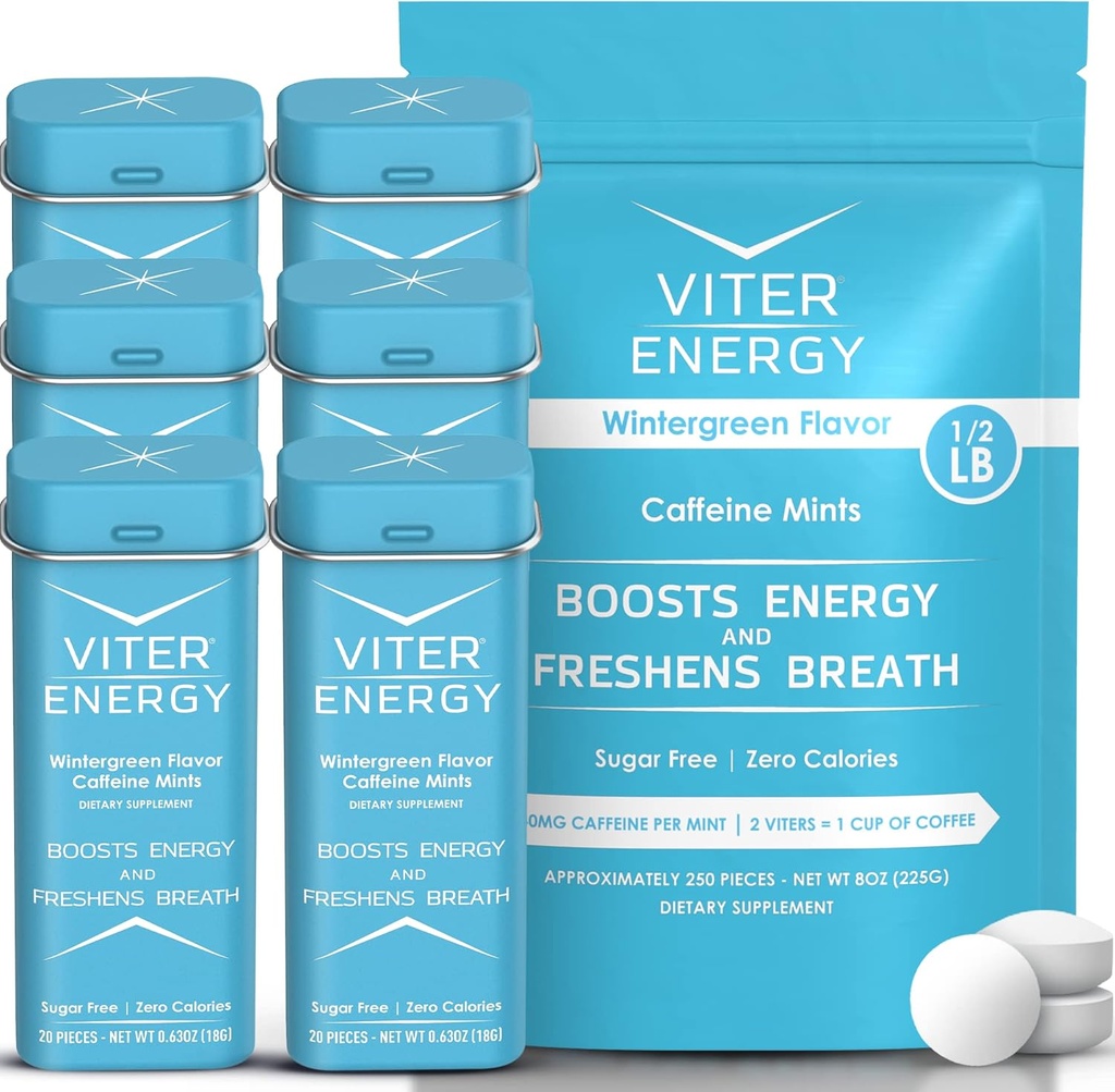 Viter Energy Original Caffeine Mints Wintergreen Flavor 6 Pack a 1 / 2 Pound Bulk Bag Bundle - 40mg Caffeine, B Vitamíny, Cukr zdarma, Vegan, Výkonný Energy Booster pro soustředění a ostražitost