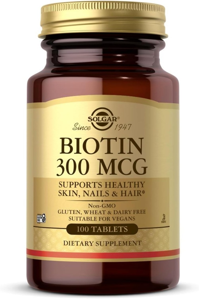 Solgar Biotin 300 mcg - 100 tablet - Podporuje zdravou pleť, hřebíky a vlasy - Non- GMO, Vegan, Gluten Free, Dairy Free, Kosher - 100 Služeb