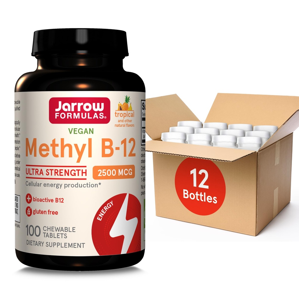Jarrow Diplomas Ultra Strength Methyl B-12, Dietní doplněk pro výrobu celulární energie, 100 Tropical- ochucené žvýkací tablety, až 100 denní dodávka, balení 12