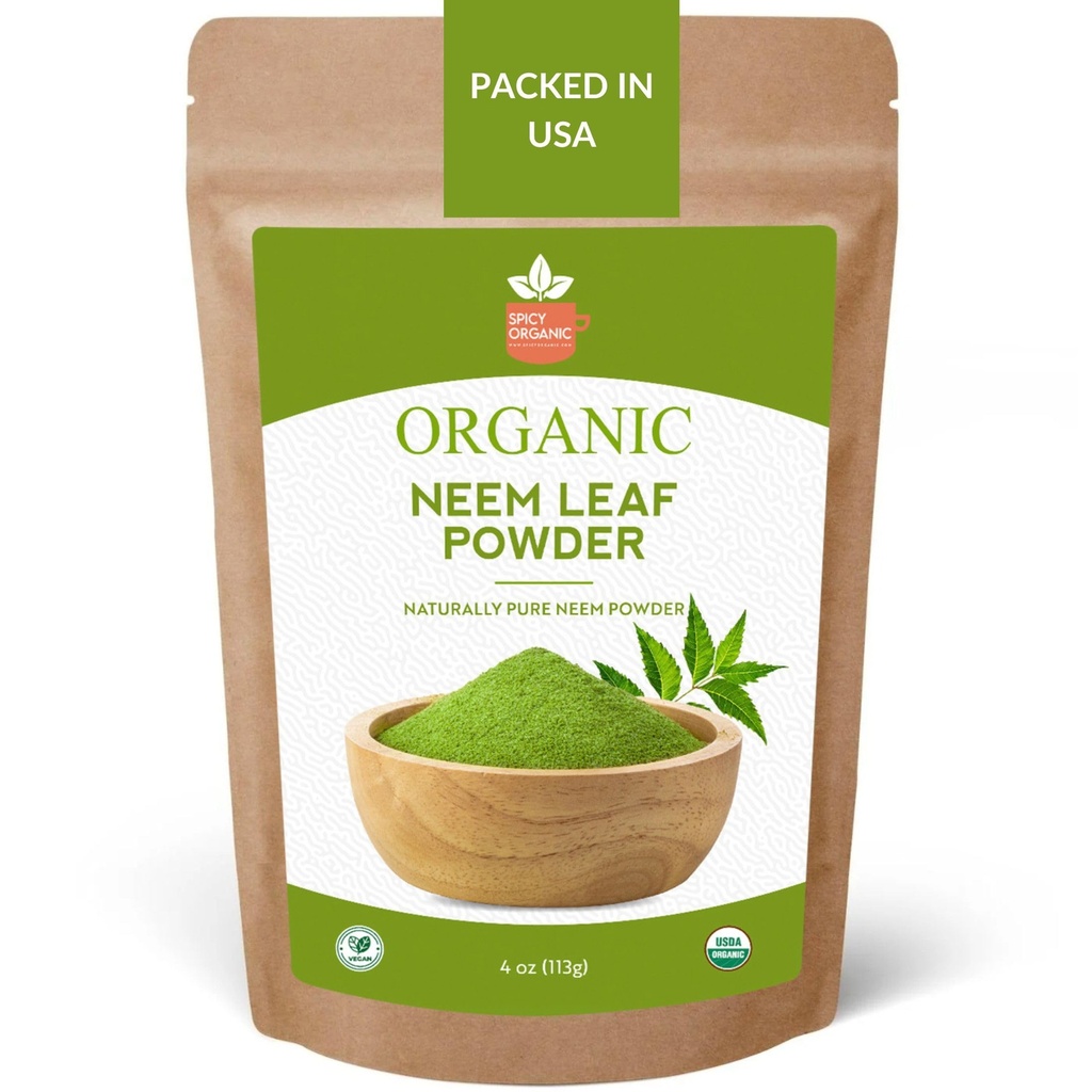SPICY ORGANIC Neem Powder - 4 oz. - Certified USDA Organic -Non- GMO - Fresh Sured Neem Leaves Powder for Health Hair and Skin - Azadirachta Indica Ayurvedic Herb for all wellbeing