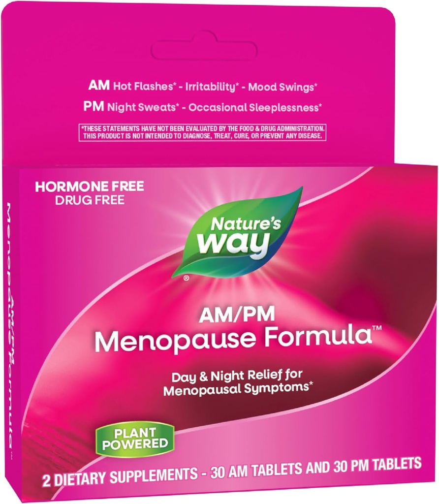 Příroda 's Way AM / PM Menopauza Doplňky pro ženy, Hot Flash Relief *, Night Sweats *, Restful Sleep *, Mood Swings *, Hormone- Free Literas s Black Cohosh, Theanine, Valerian, 60 Tablety
