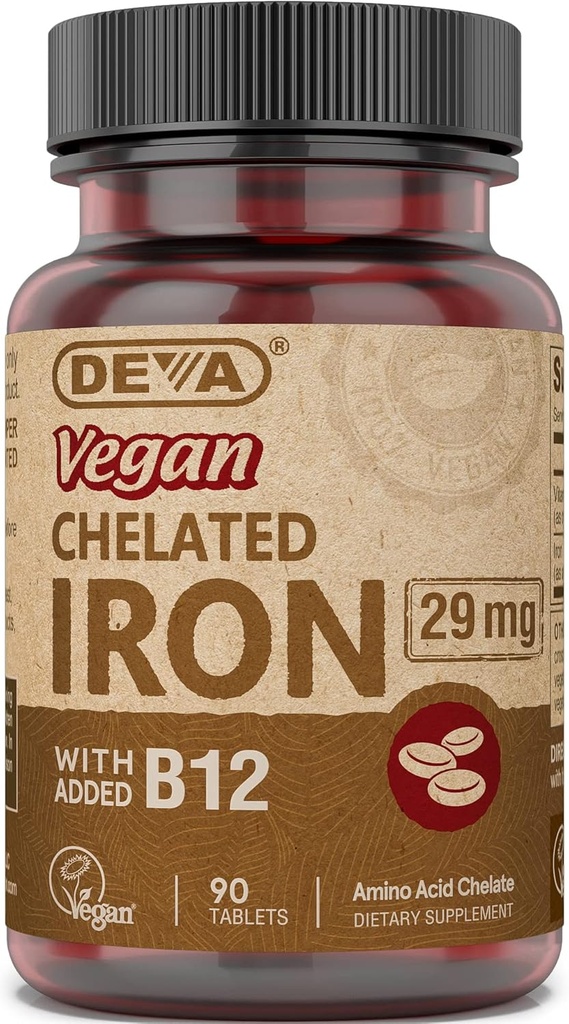 DEVA Vegan Chelated železo s přidaným vitaminem B-12, dodatek stravy, 29 mg, 90 Počet
