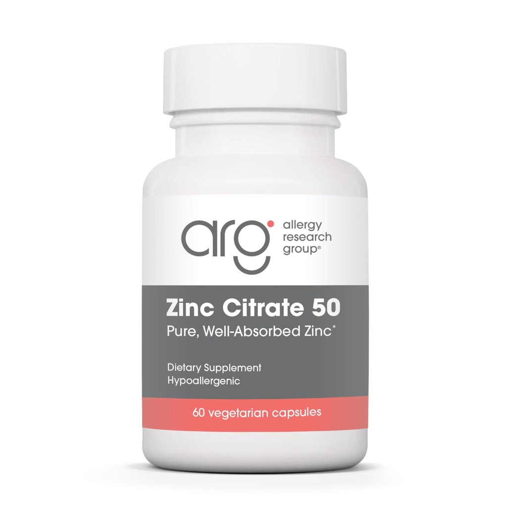 Alergie Research Group Zinek Citrát Dodatek - Zink pro muže a ženy, Imunitní podpora, Čistá, Well- Absorbované, Well- Tolerované, Stopa Mineral, 50mg Vegetariánské kapsle - 60 Počet