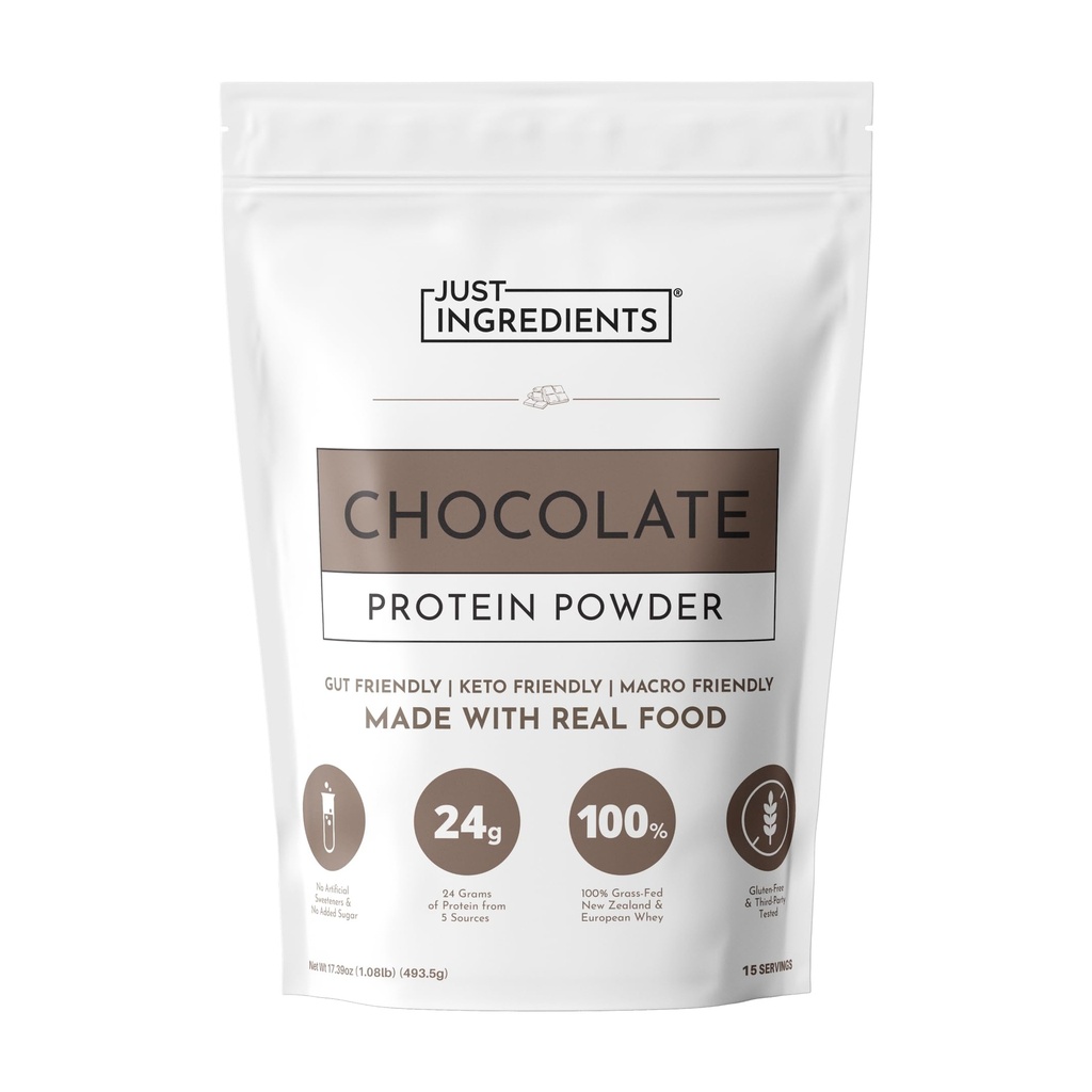 JUST INGREDIENTS Protein Powder 124; 15 Servings OF 124; 24g Protein OF 124; Chocolate Flavor Made with 100% Grass- Fed, Non-Denatured Whey OF 124; Pět různých zdrojů z organických složek potravin
