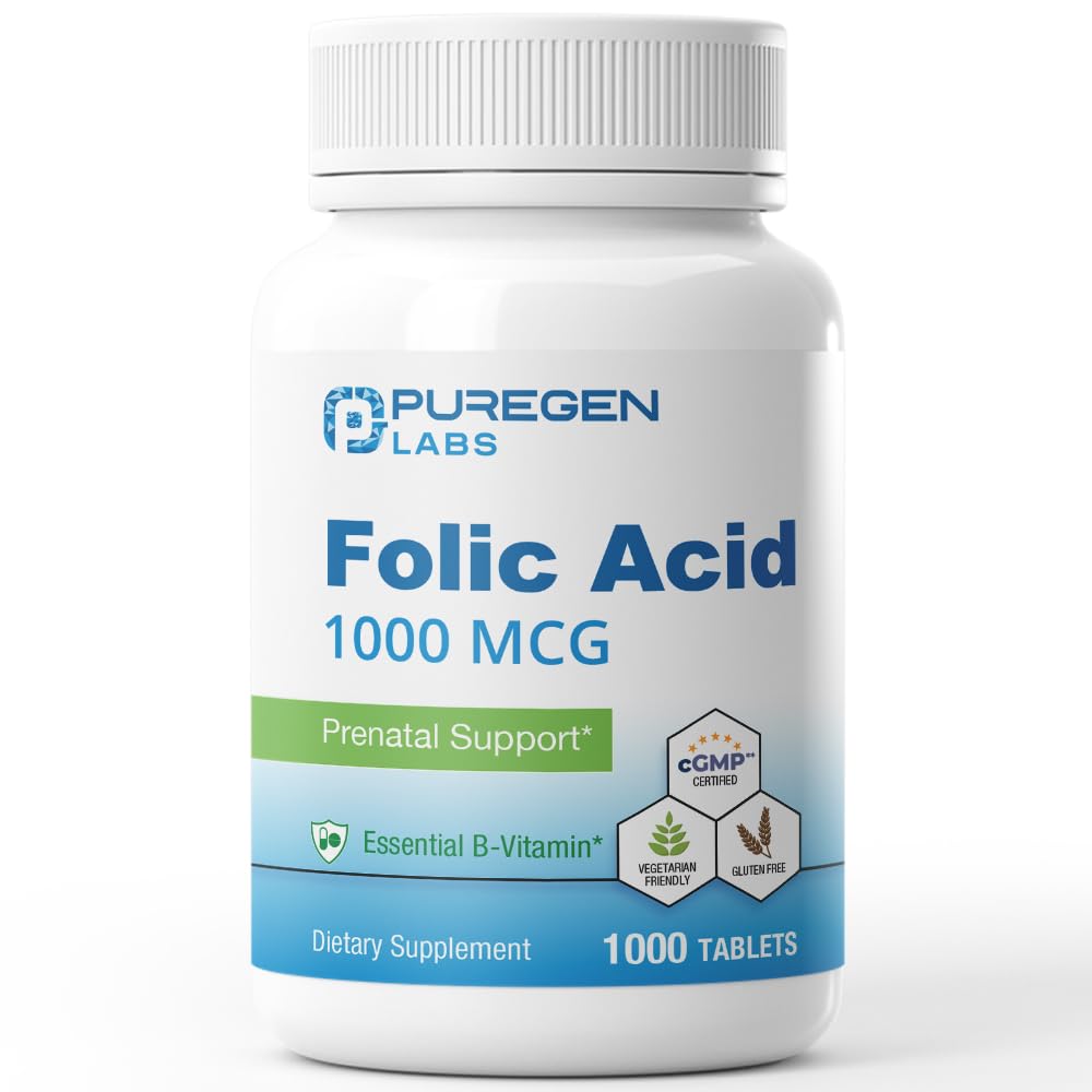 Puregen Labs Folic Acid 1000 mcg Tablety CLAS124; Vitamin B9 CLAS124; Non- GMO CLAS124; Gluten Free CLAS124; Made in USA CLAS124; Value Size 1000 Tablety