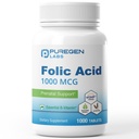 Puregen Labs Folic Acid 1000 mcg Tablety CLAS124; Vitamin B9 CLAS124; Non- GMO CLAS124; Gluten Free CLAS124; Made in USA CLAS124; Value Size 1000 Tablety