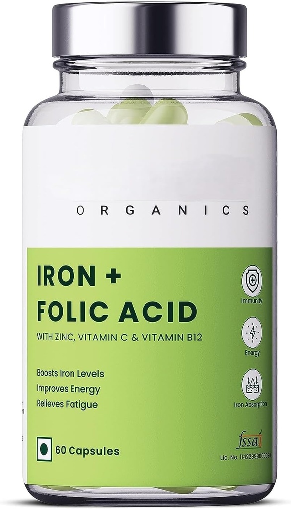 Organické železo + kyselina listová dodatek se zinkem, vitamin C & vitamin B12 CZ124; 60 Veg Kapsle CZ124; Podporuje Blood Building, Imunity and Energy CZ124; Zvyšuje absorpci železa 124; pro oba muži a ženy