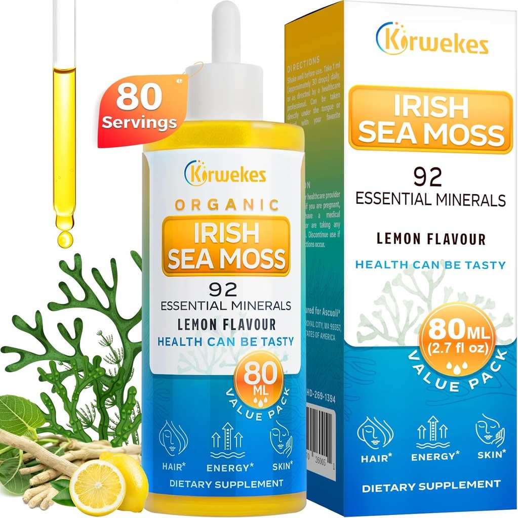Mořský Moss & Ashwagandha Root Drops - 10X Silnější Seamoss & Ashwagandha pro ženy a muže, Mořský Moss Drops pro Mood, imunita, stravovací, energie, kůže, vlasové klouby Lemon Flavour - 80 Služení