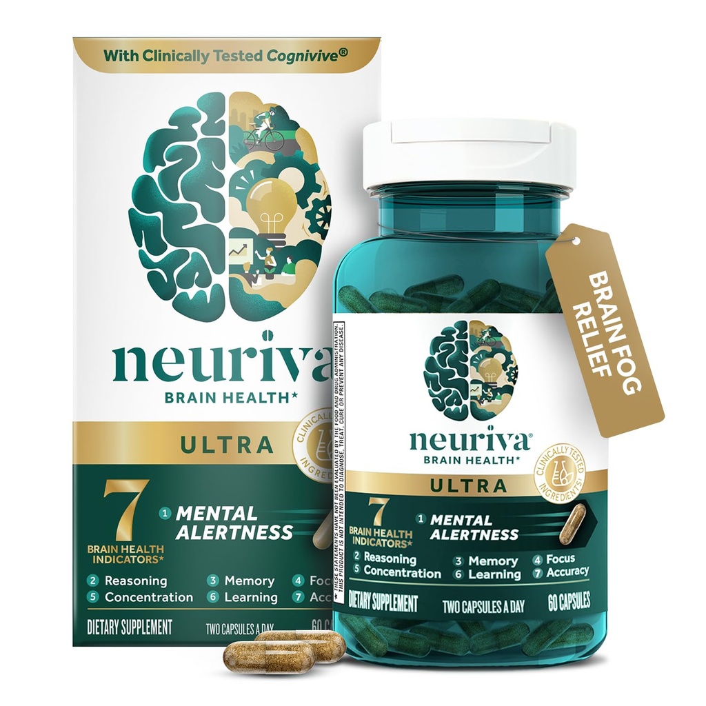 NEURIVA Ultra Decaffeinated Klinicky testovaný Nootropní dodatek mozku pro duševní bdělost, paměť, koncentrace, kognivive, neurofaktor, fosfatidylserin, vitaminy B6 B12, 60 Kapsle