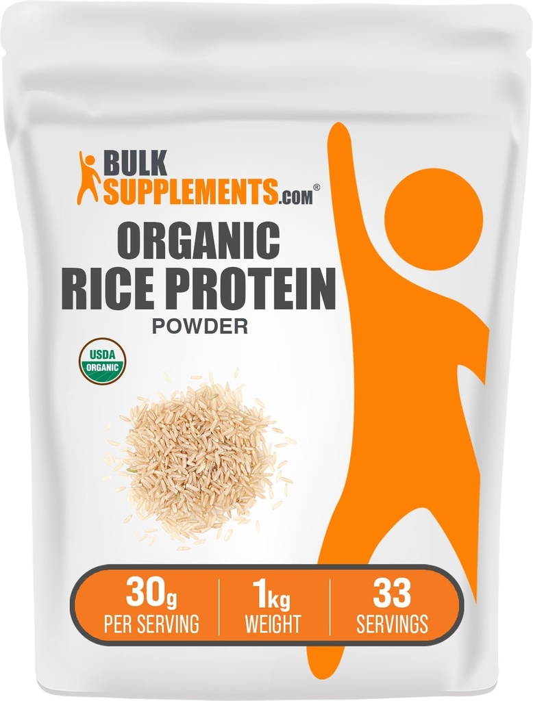 BulkSupplements.com Organic Rice Protein Powder - Vegan Plant Protein, Neochucený - Vegan & gluten Free, 30g per Serving, 1kg (2,2 lbs) (balení po 1)