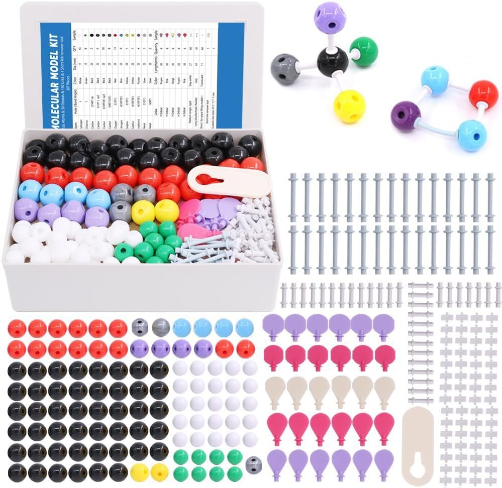 Swpeet 307 Pcs Molekulární model Kit pro organickou a anorganickou chemii - Chemie Molekulární model Student a učitel Set - 126 Atoms & 30 Orbitals & 150 Odkazy & 1 Krátký odkaz Odstranění nástroj