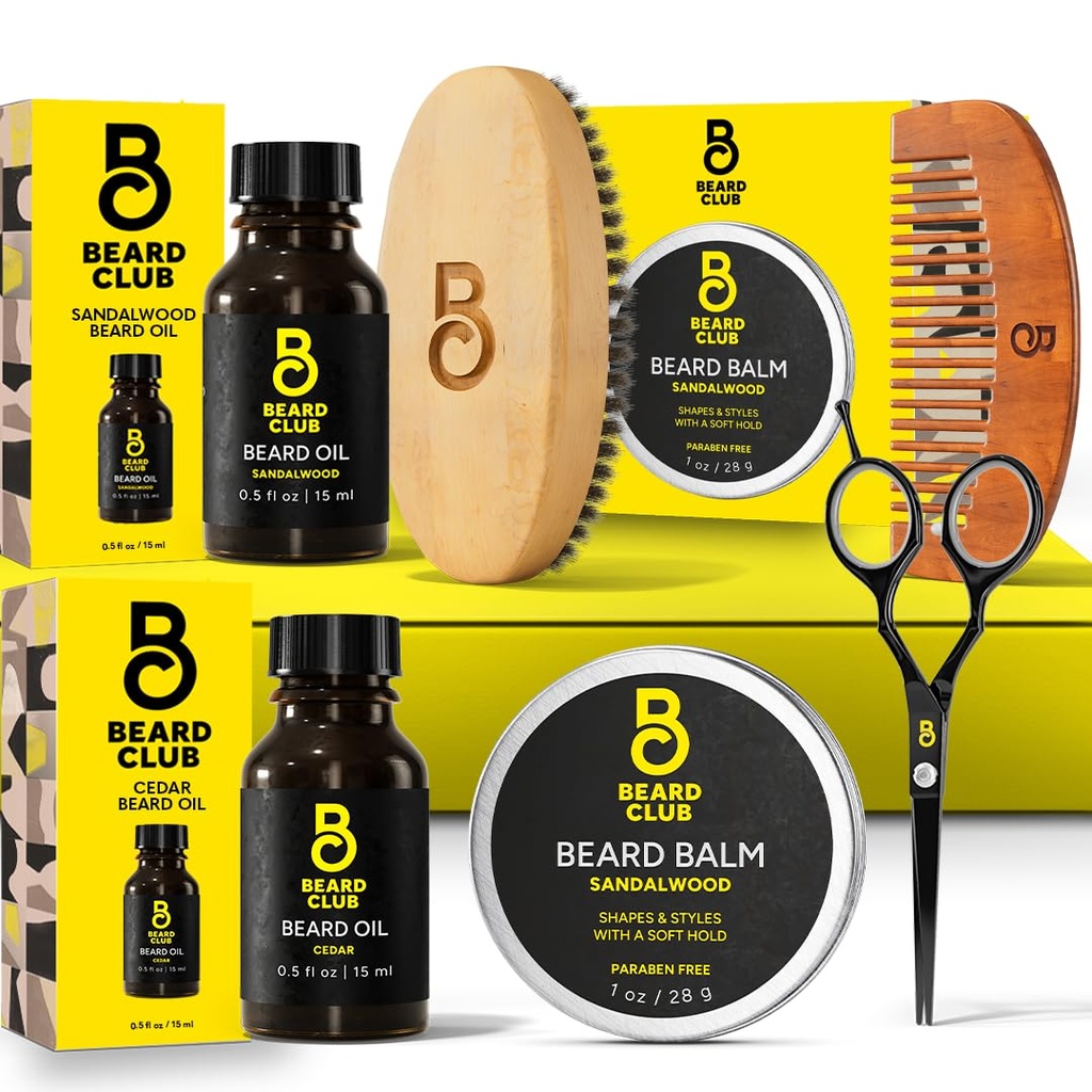 Beard Club Beard Kit pro muže - Grooming & Care Kit - Cedar & Sandalwood Oil, Sandalwood Balm, Boar Bristle Brush, Comb, Trimming nůžky - Dad Gift Set
