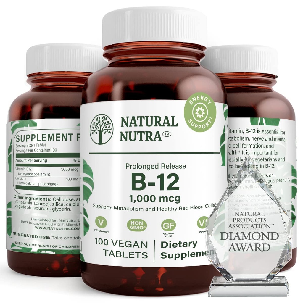 Natural Nutra vitamin B12 1000 mcg, Podpora srdce & Nerve zdraví, Cobalamin B12 dodatek, fosfát vápenatý, pomoc v metabolismu zdraví, optimální absorpce, gluten zdarma, cukr zdarma, 100 Vegan tablety