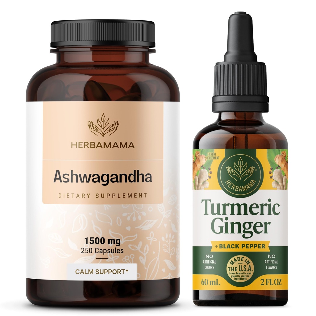 HERBAMAMA Ashwagandha and Turmeric Ginger Kit - Bundle of 1500 mg Ashwagandha Root Capsules & Turmeric Ginger Tincture 2 fl oz - Vegan, Non- GMO, Sugar & Alcohol- Free - 2 Pack