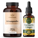 HERBAMAMA Ashwagandha and Turmeric Ginger Kit - Bundle of 1500 mg Ashwagandha Root Capsules & Turmeric Ginger Tincture 2 fl oz - Vegan, Non- GMO, Sugar & Alcohol- Free - 2 Pack