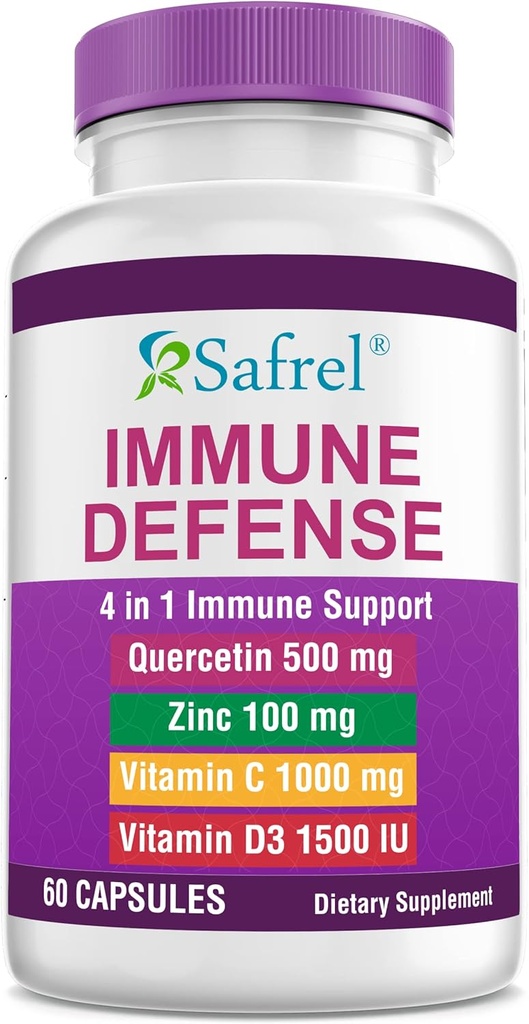 Saferel Strong Immunication Support, Quercetin 500 mg, Zinek Picolinate 100 mg, VitamatiC 1000 mg, Vitamin D3 1000 IU, 60 Kapsle, 1 měsíc Dodávka 124; Vyrobeno v USA