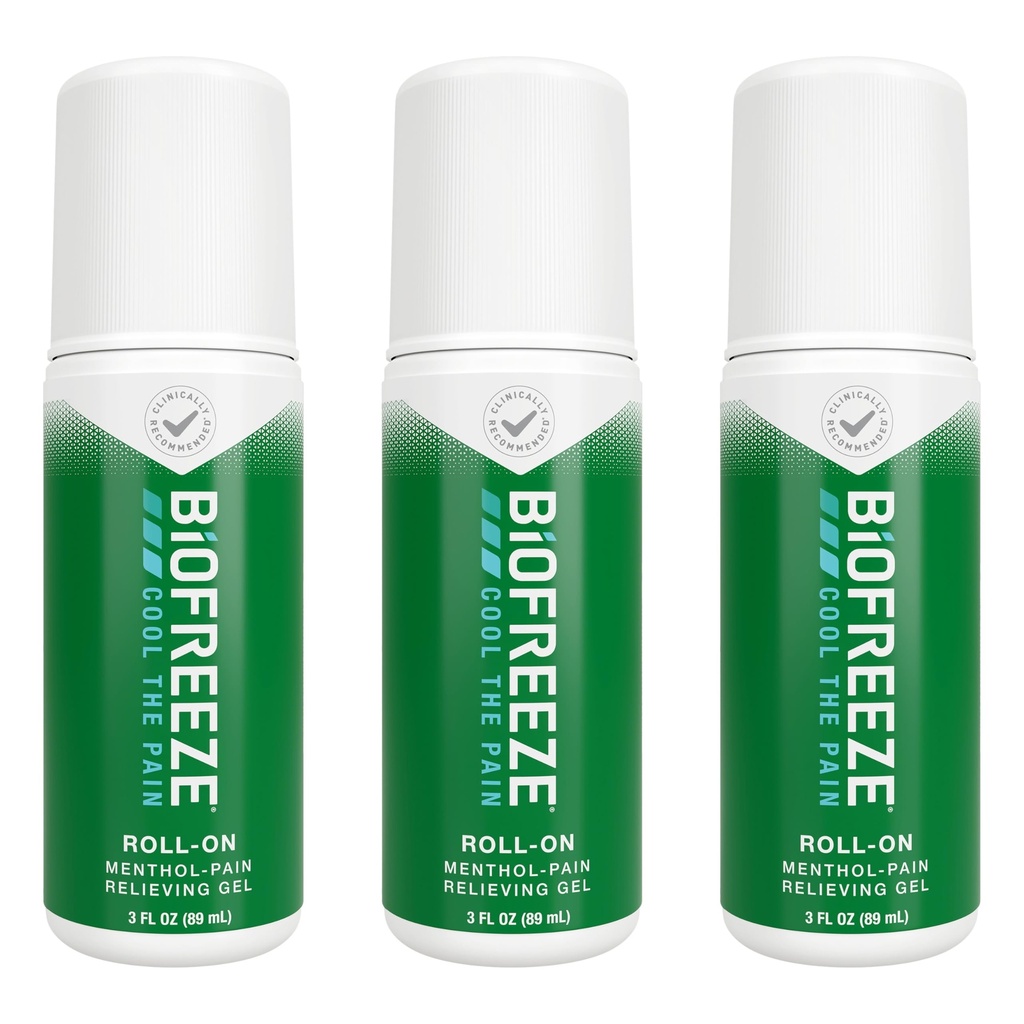 Biofreeze Roll On Pain Relief for Knee, Neck, Hip, Joint, Rameno, & Simple Backache, Artritis Pain Reliever, Sore Muscle Relief, Roll On Menthol Gel 3 Fl Oz (balení po 3)