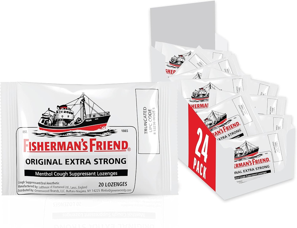 Fisherman 's Friend Cough Drops, Cough Conpressant a Sore Throat Lozenges, Original Extra Strong, 10mg Menthol, 480 Drops (24 balení po 20)